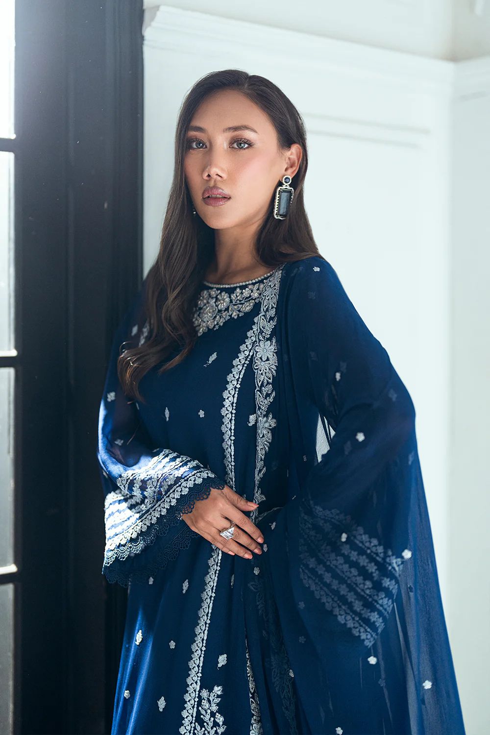 Elegant Navy Blue Embroidered Chiffon 3-Piece Formal Suit