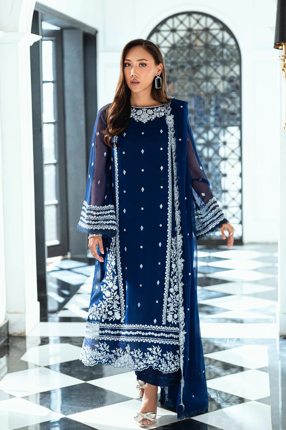 Elegant Navy Blue Embroidered Chiffon 3-Piece Formal Suit