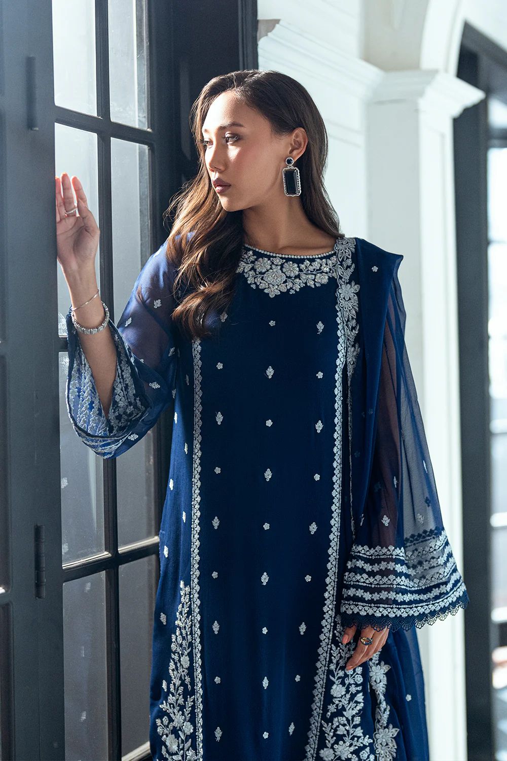 Elegant Navy Blue Embroidered Chiffon 3-Piece Formal Suit