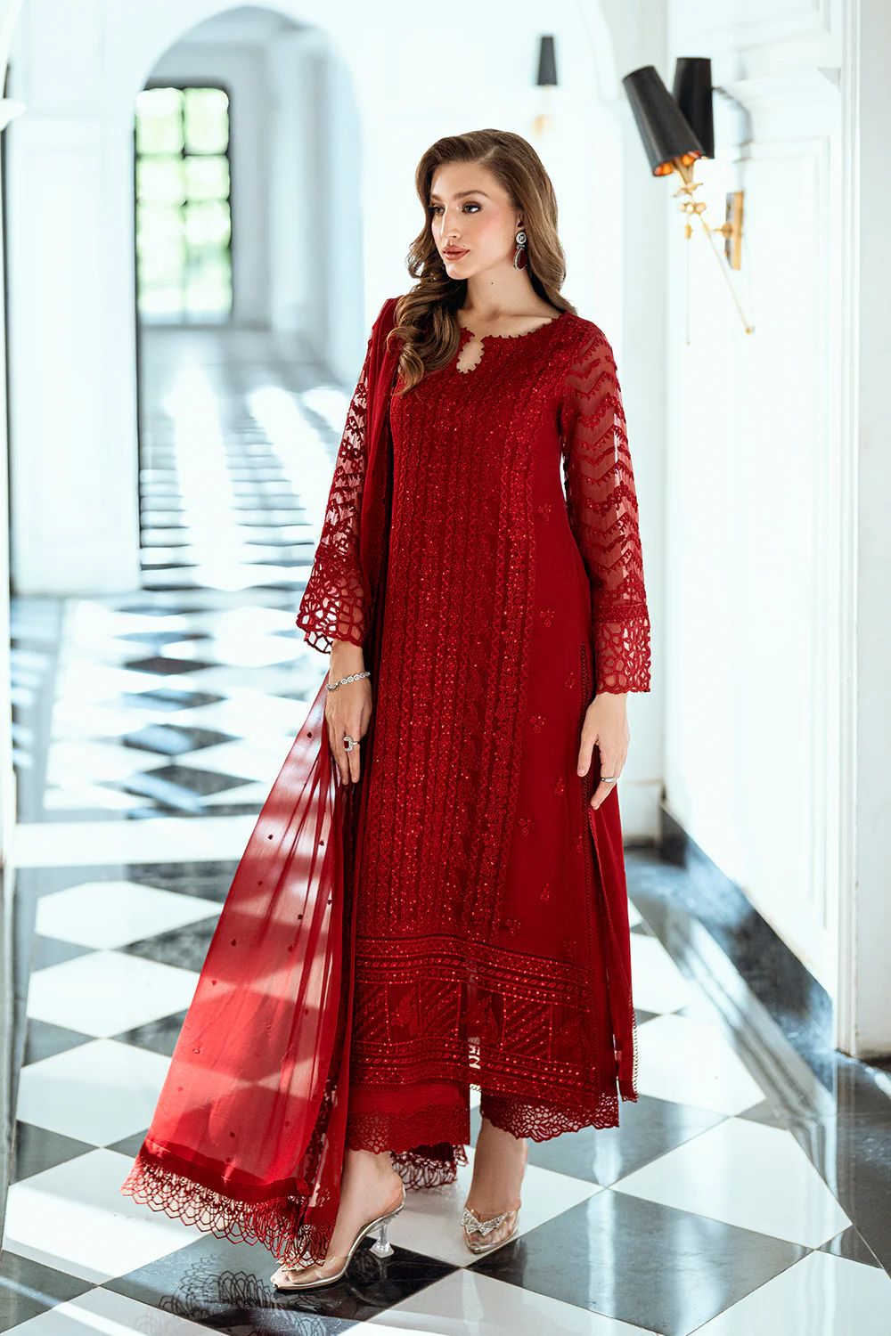 Luxury Deep Red Embroidered Chiffon Formal 3-Piece Suit