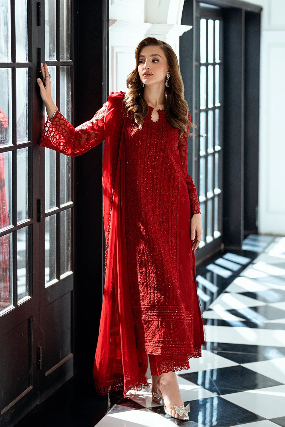 Luxury Deep Red Embroidered Chiffon Formal 3-Piece Suit