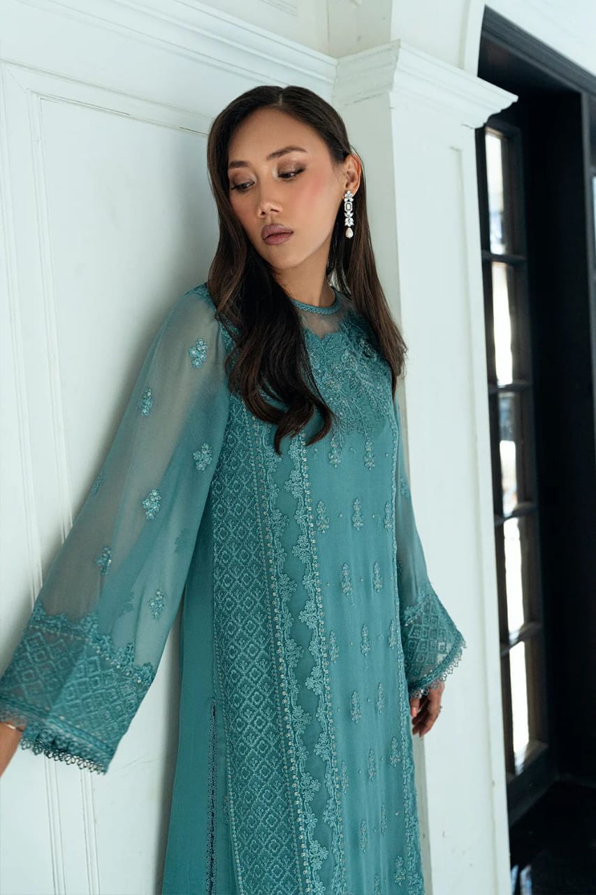 Embroidered Teal Chiffon 3-Piece Suit – Luxury Pret