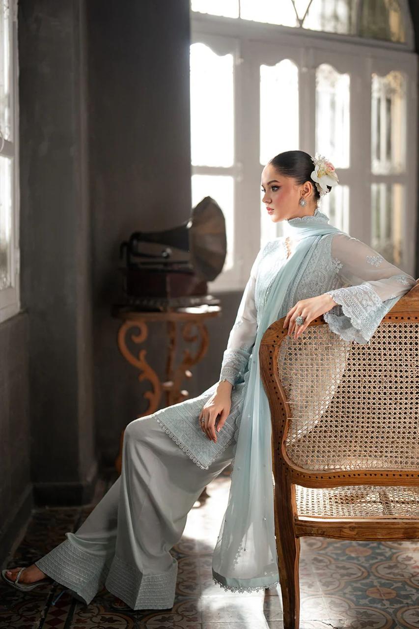 Stitched 3 piece Chiffon Suit Sky Blue 001