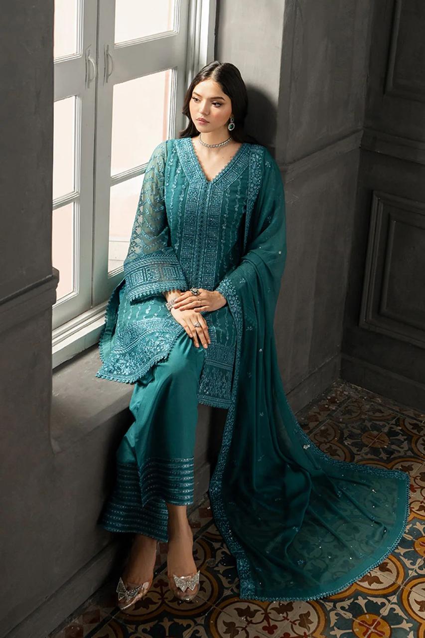Stitched 3 piece Chiffon Suit Zinc Green 001