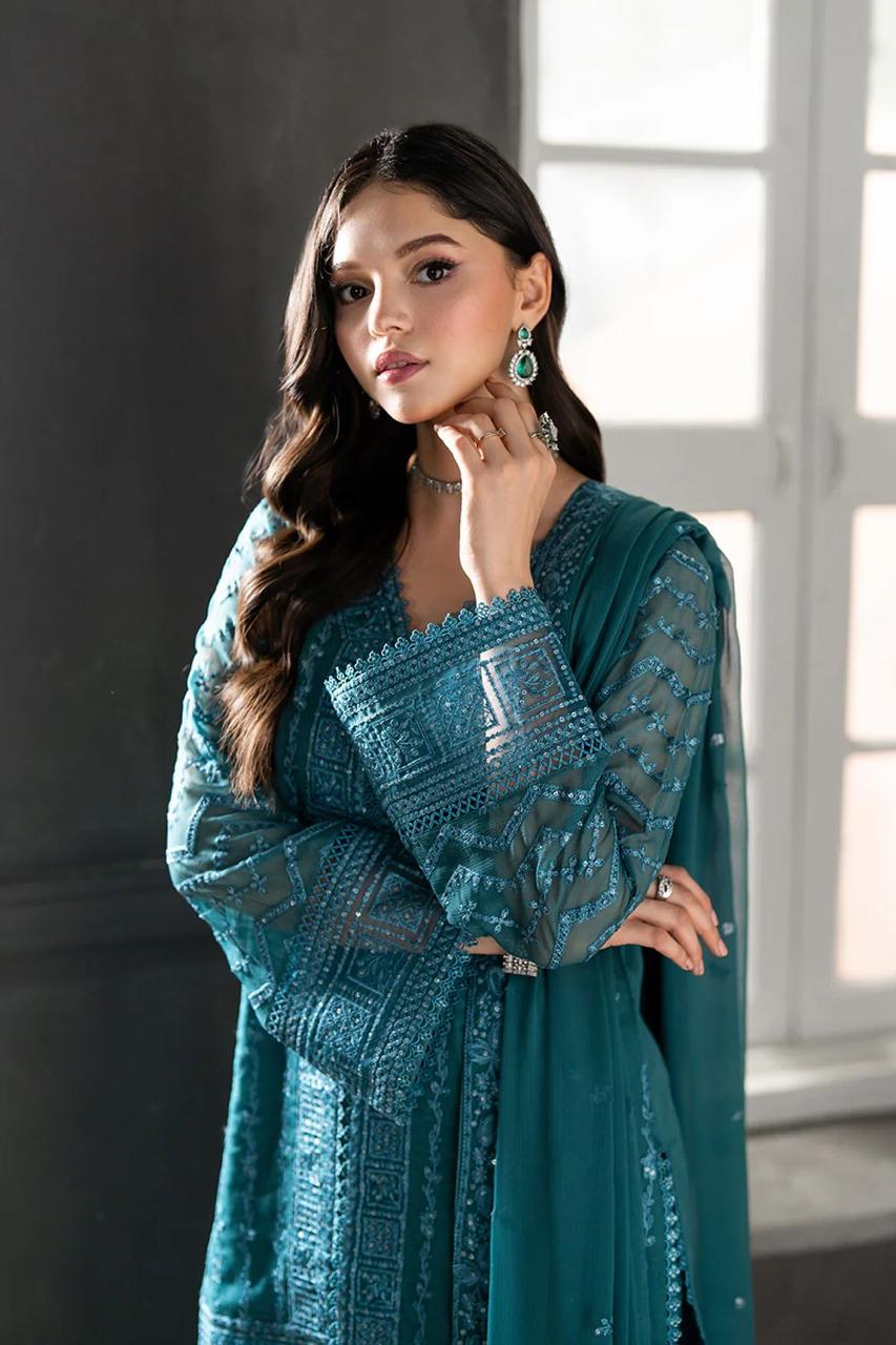 Stitched 3 piece Chiffon Suit Zinc Green 001