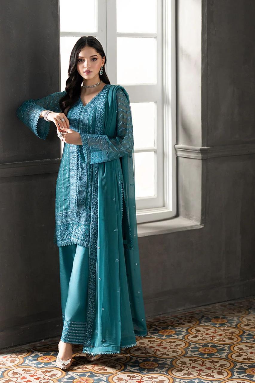 Stitched 3 piece Chiffon Suit Zinc Green 001