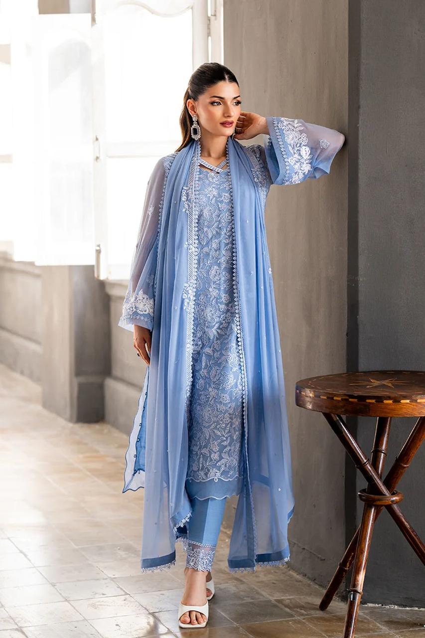 Stitched 3 piece Chiffon Suit Blue 001