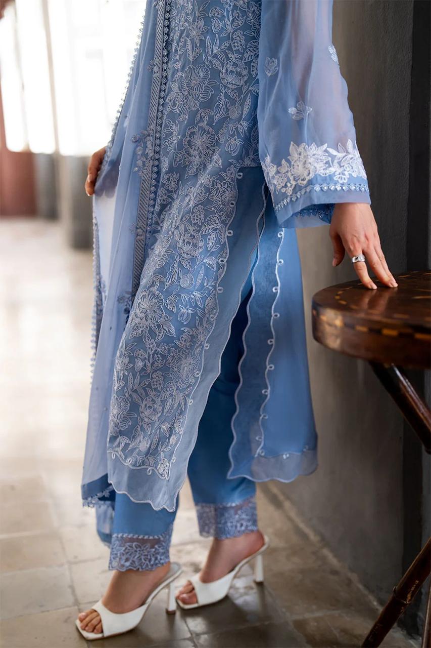 Stitched 3 piece Chiffon Suit Blue 001