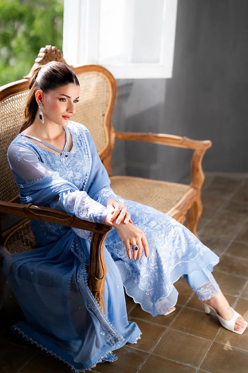 Stitched 3 piece Chiffon Suit Blue 001