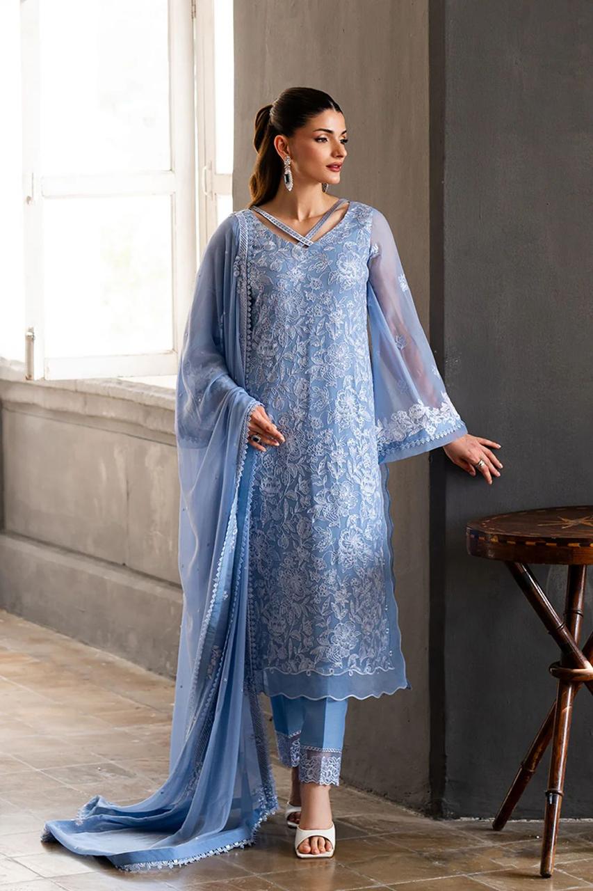 Stitched 3 piece Chiffon Suit Blue 001
