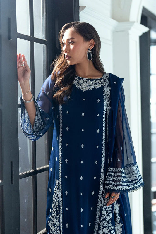Elegant Navy Blue Embroidered Chiffon 3-Piece Formal Suit
