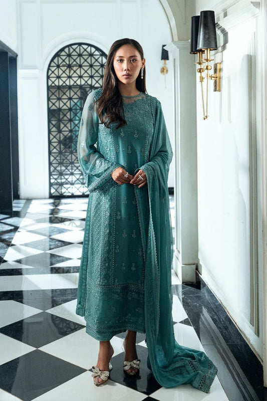 Embroidered Teal Chiffon 3-Piece Suit – Luxury Pret