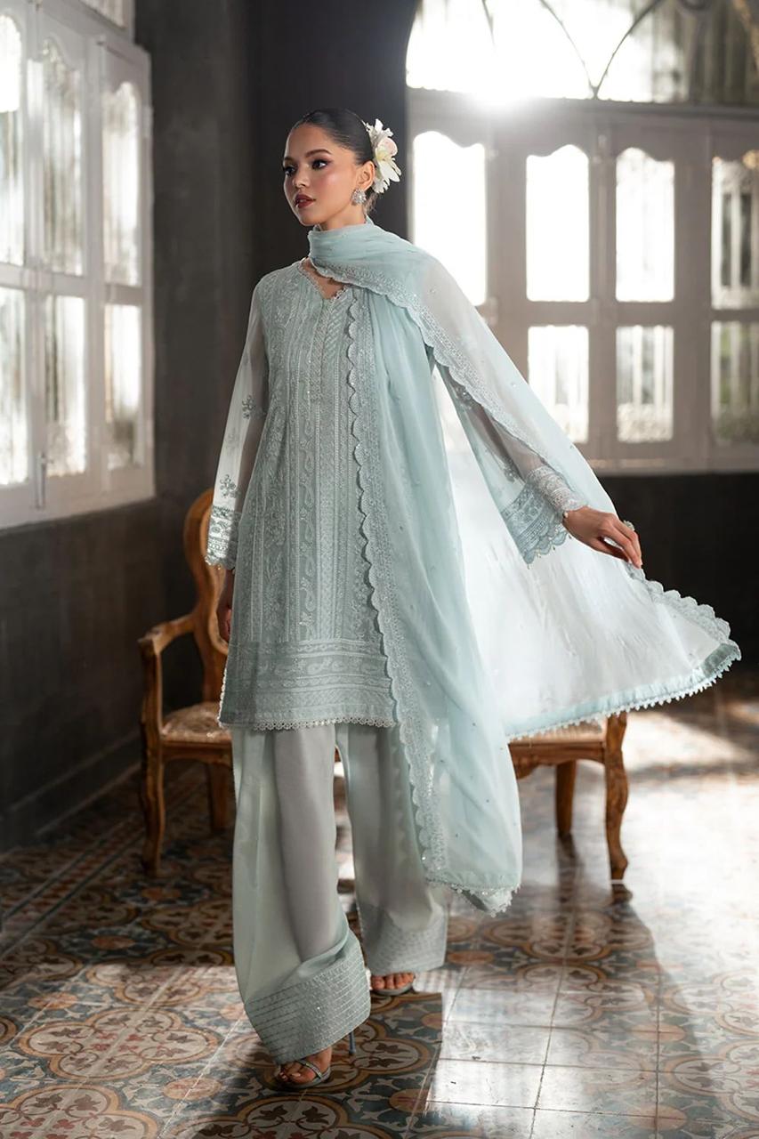 Stitched 3 piece Chiffon Suit Sky Blue 001