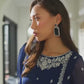 Elegant Navy Blue Embroidered Chiffon 3-Piece Formal Suit